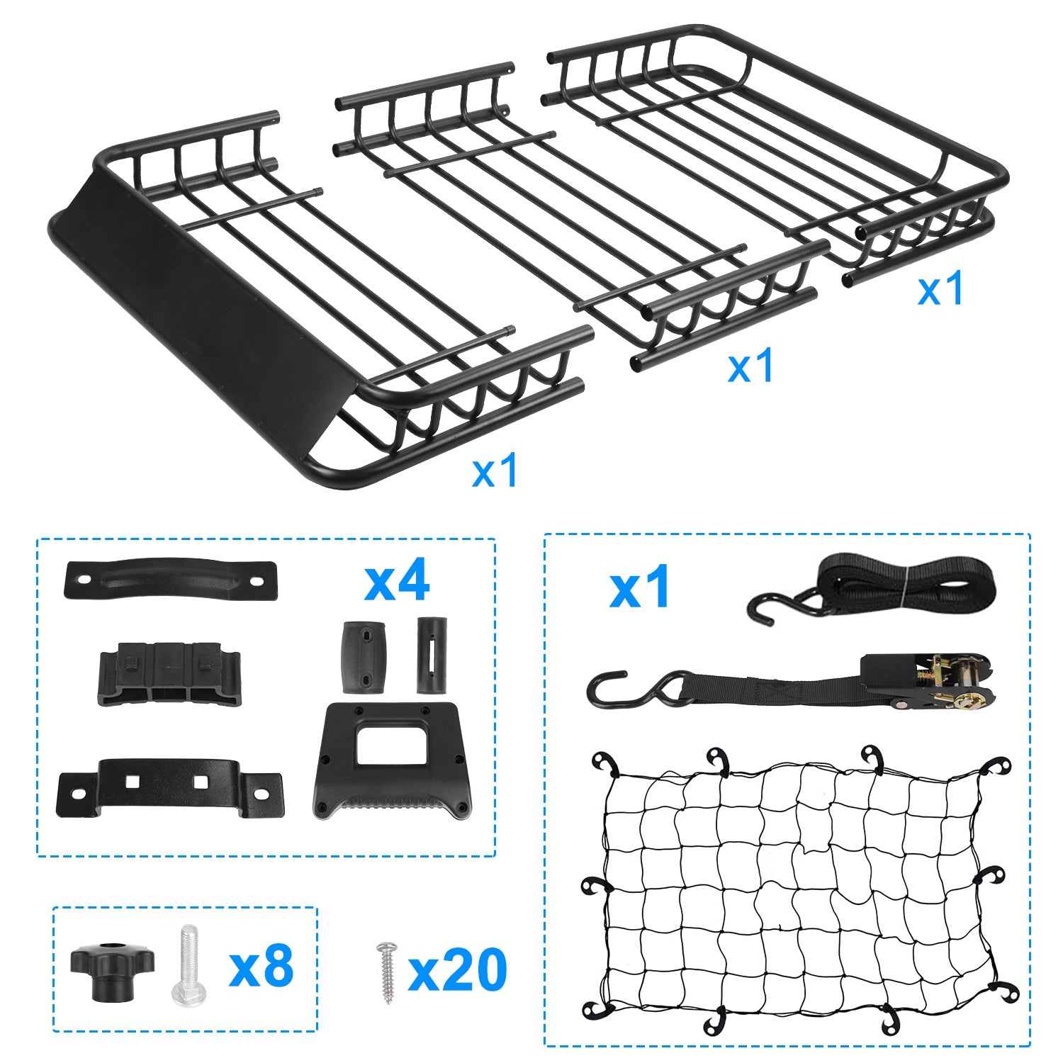 1Pc 63X39X6.3In Universal Roof Rack Cargo Carrier Car Top Luggage Holder Basket with Hook Strap Elastic Net