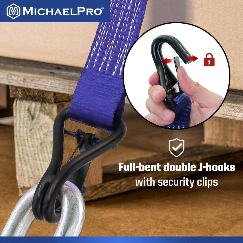 4 Pack 1.5" X 15' Ratchet Tie down Straps with J-Hook Safety Latches
