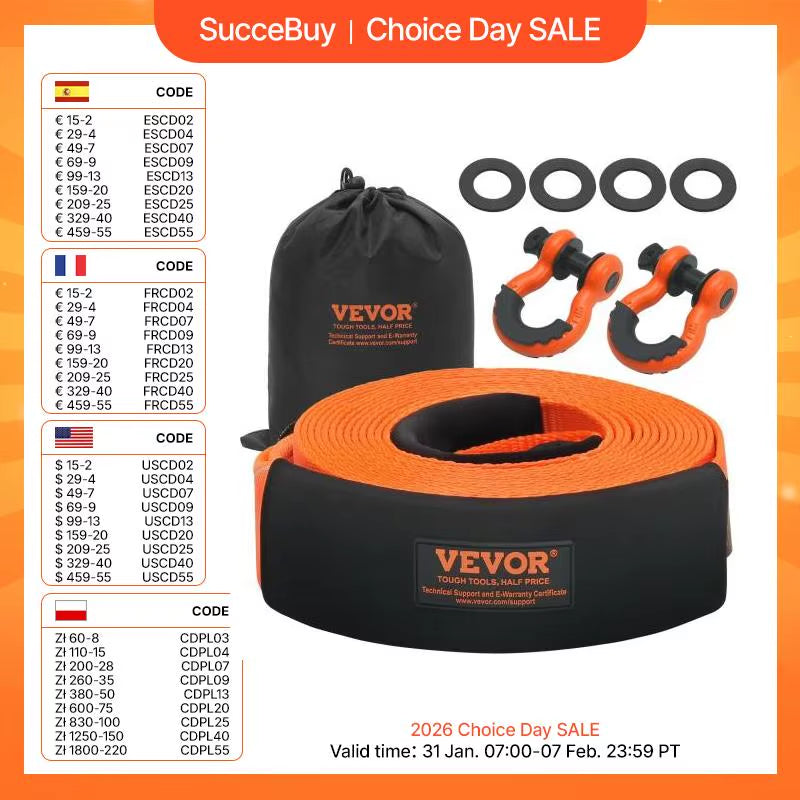 Succebuy Polyester Tow Strap Recovery Kit High-Strength Car Racing Tow Ropes Auto Trailer Winch Towing Strap Truck Jeep SUV ATV