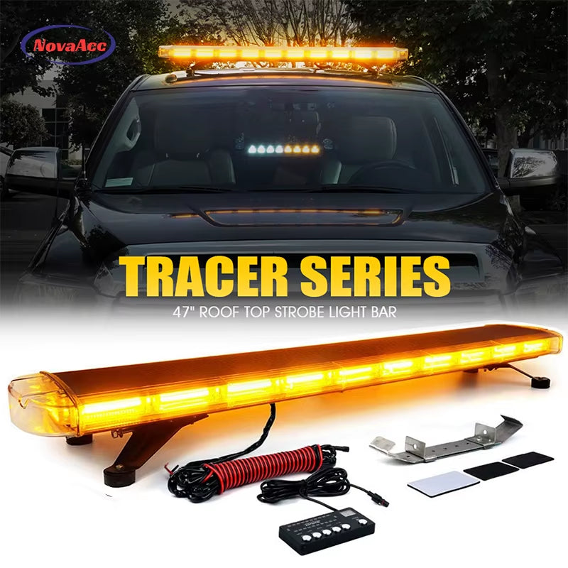 47 Inch COB LED Amber Rooftop Emergency Strobe Lights Bar W/Adjustable Mounting Brackets Hazard Warning Flashing Lighting