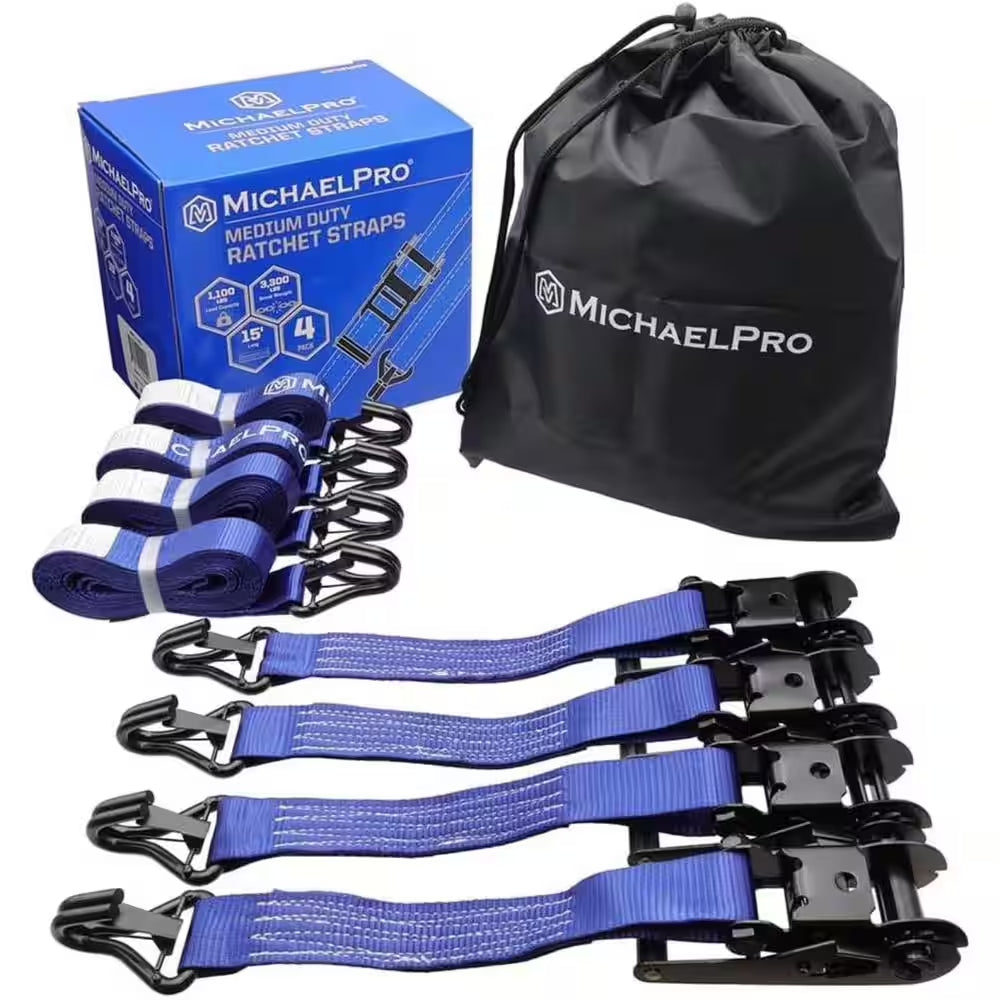 4 Pack 1.5" X 15' Ratchet Tie down Straps with J-Hook Safety Latches