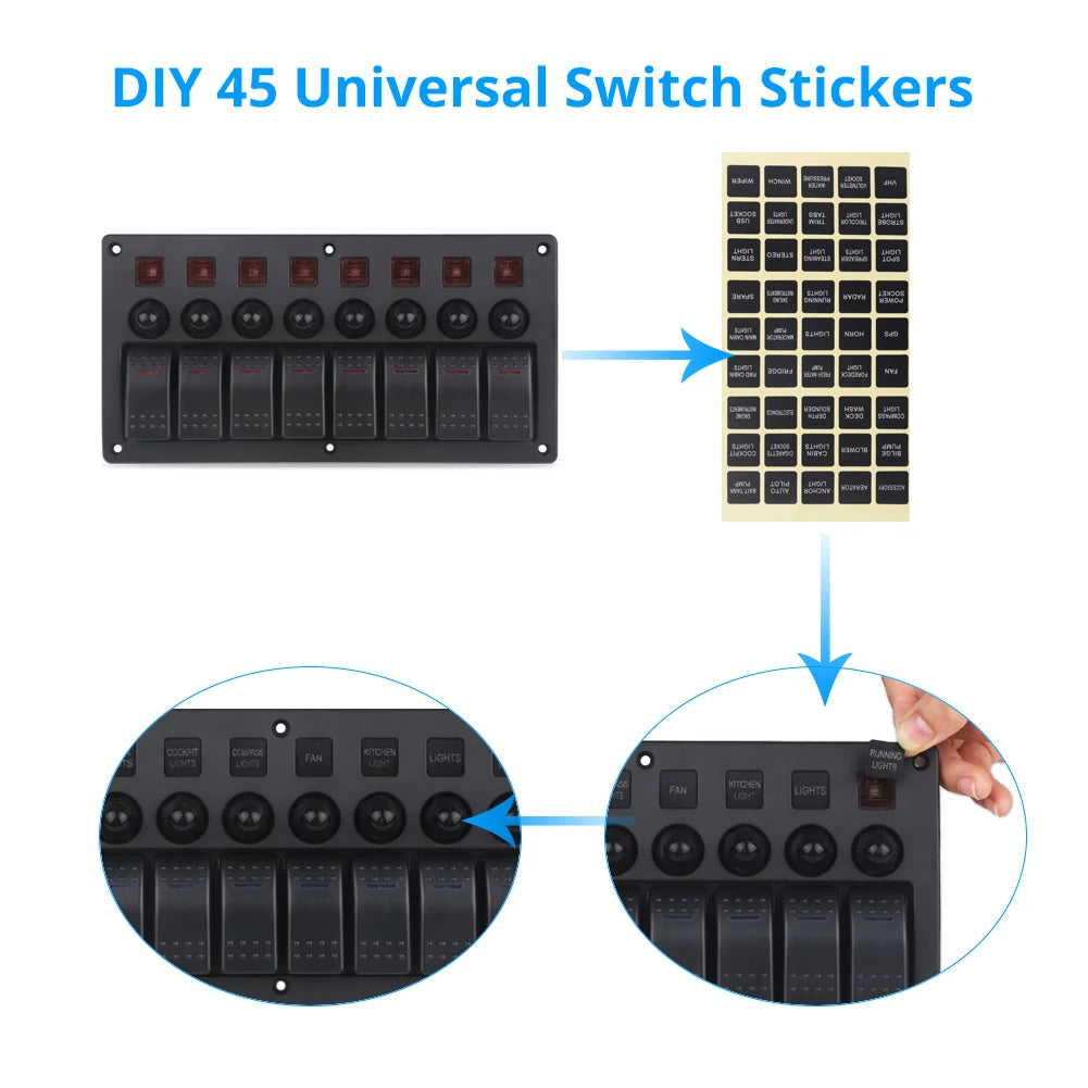 8 Gang Marine Boat Rocker Switch Panel with Circuit Breakers LED Switch Panel 12V 24V for Boat RV Camper Truck Accessories