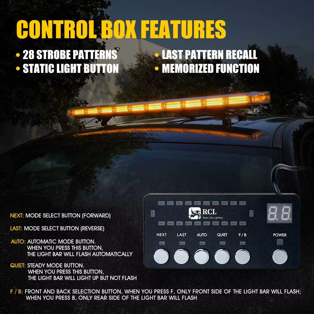 47 Inch COB LED Amber Rooftop Emergency Strobe Lights Bar W/Adjustable Mounting Brackets Hazard Warning Flashing Lighting