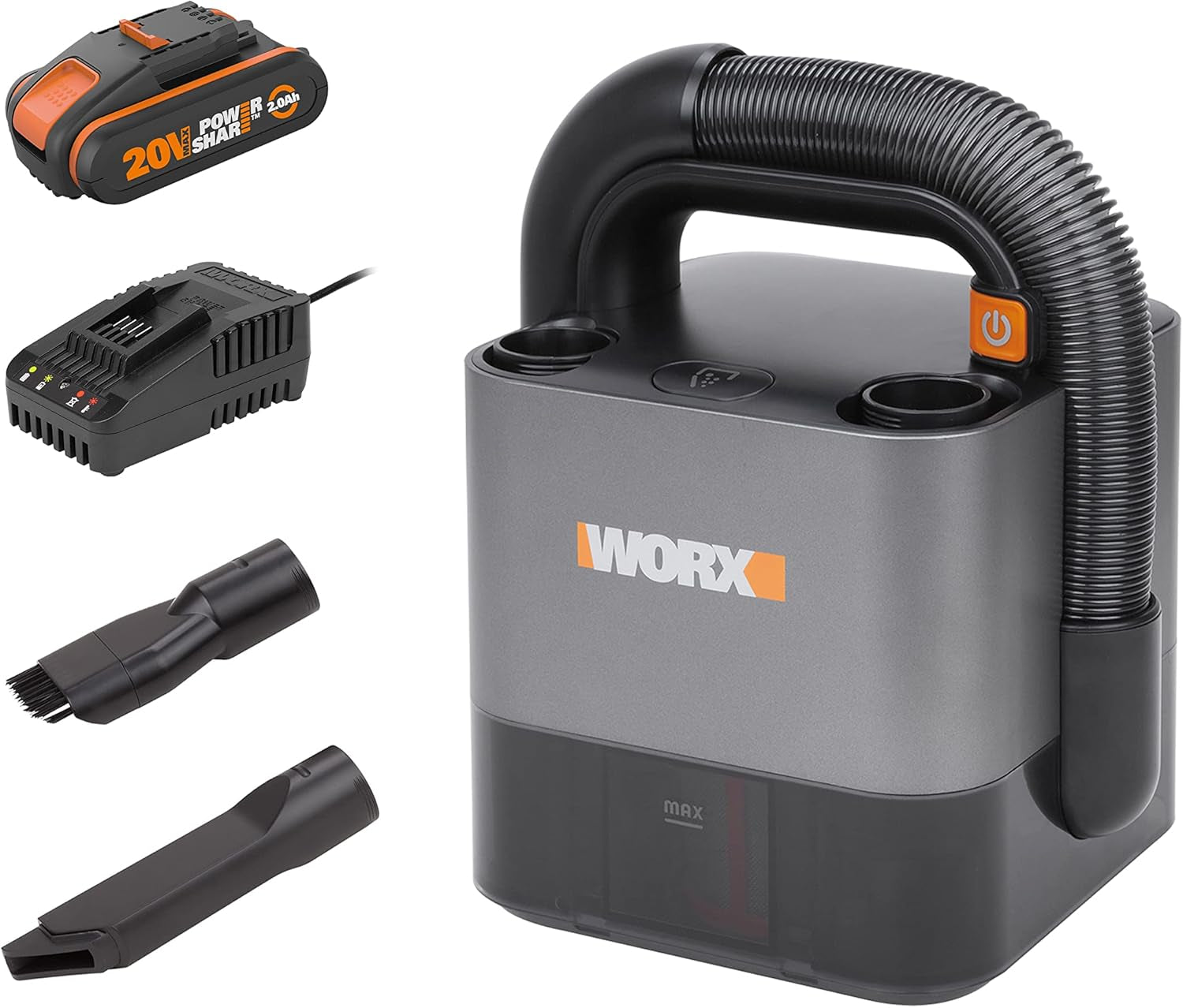 Worx 18V(20V MAX) Aspirador De Coche Inalámbrico Sin Cable Potente 2.0Ah Batería WX030, 150W 10Kpa Con Caja De Almacenamiento Integrada, Filtro Lavable Red De Eliminación De Polvo