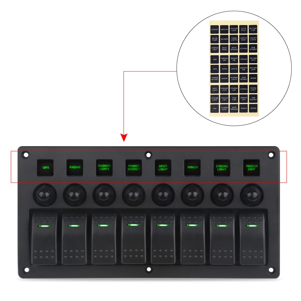 8 Gang Marine Boat Rocker Switch Panel with Circuit Breakers LED Switch Panel 12V 24V for Boat RV Camper Truck Accessories