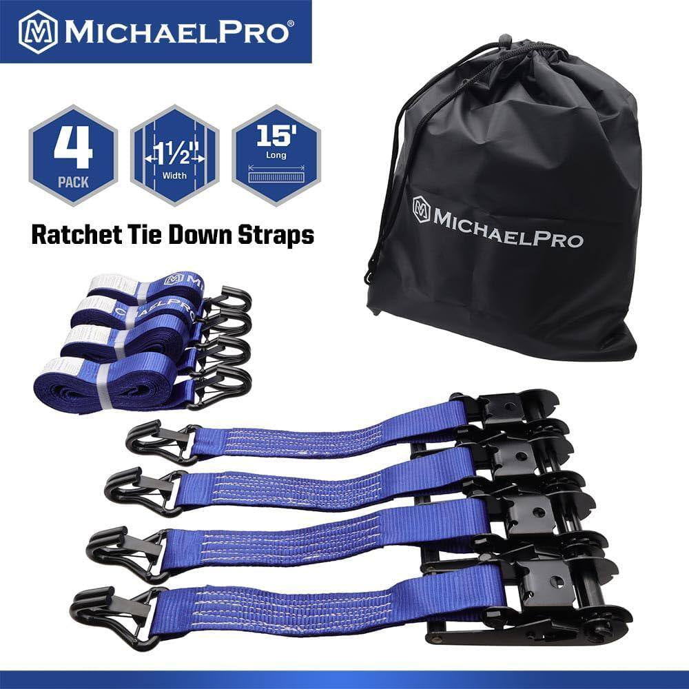 4 Pack 1.5" X 15' Ratchet Tie down Straps with J-Hook Safety Latches
