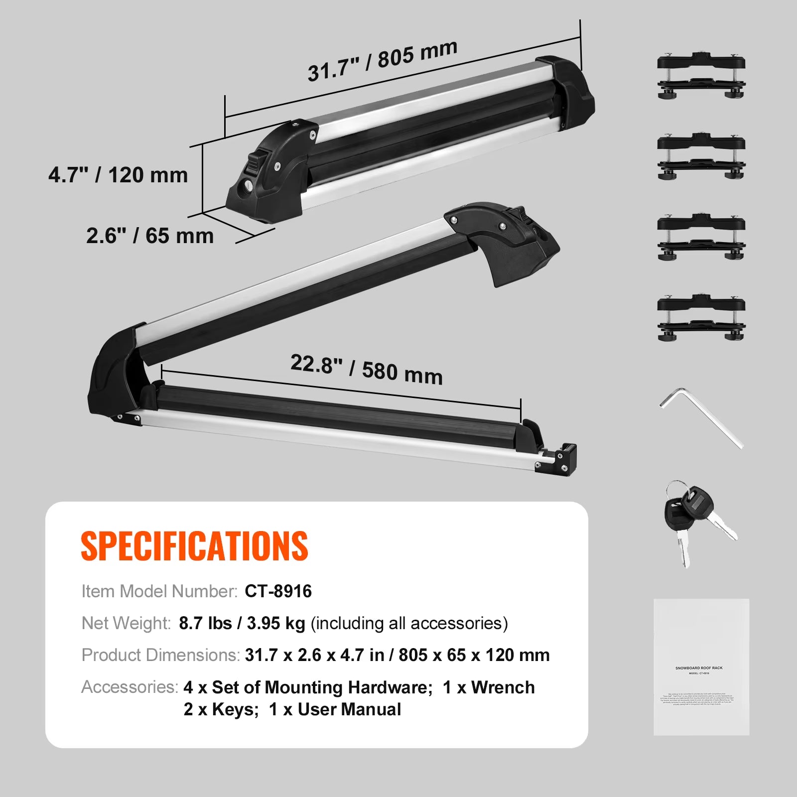 Ski and Snowboard Roof Rack 31.7-Inch Universal Ski Rack for Car Roof Fit Most Crossbars Carry 6 Pairs of Skis Aluminum