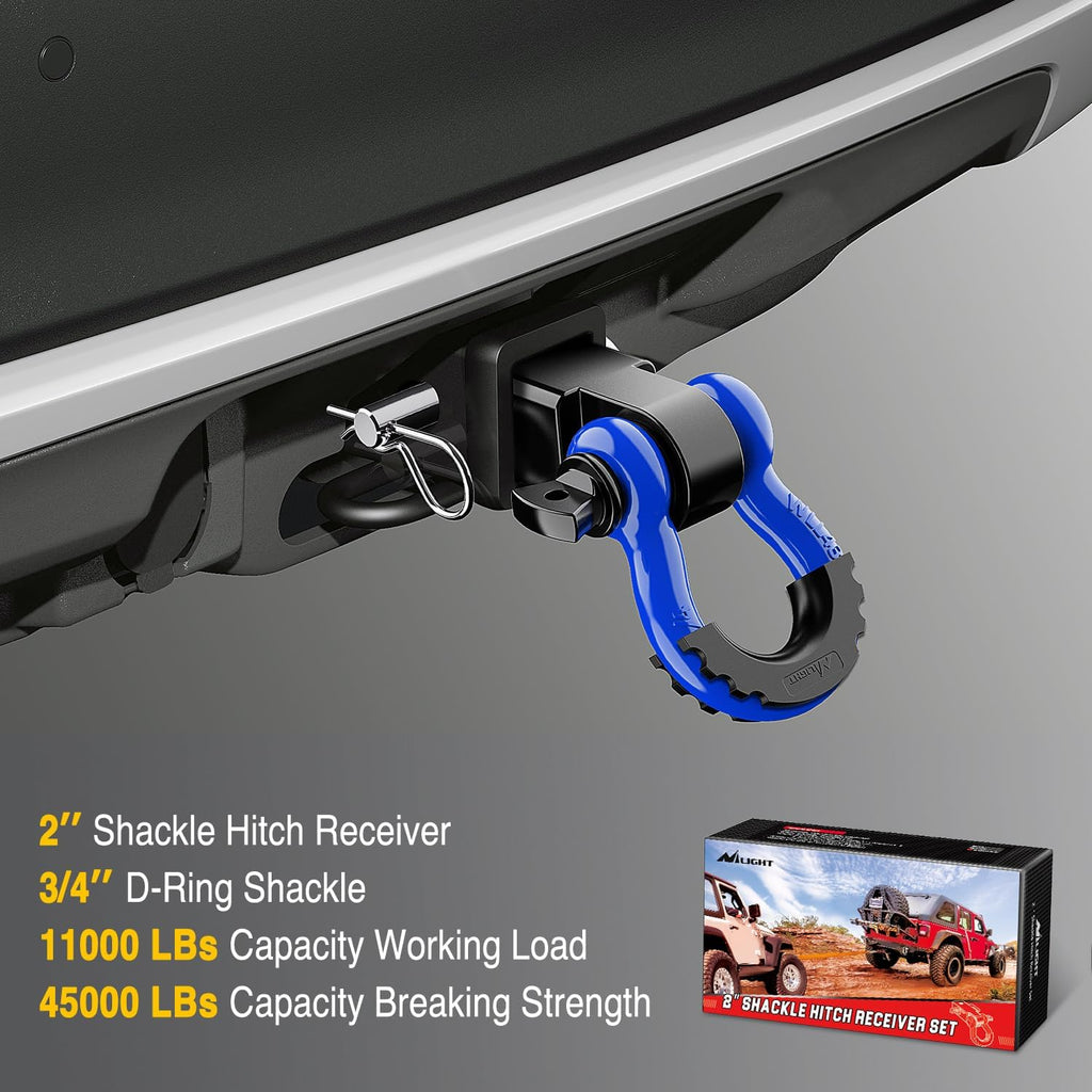 Shackle Hitch Receiver 2Inch 45000 Lbs Breaking Strength 3/4" D Ring Trailer Pin Heavy Duty Solid Recovery Towing Kit for Trucks Jeeps Off-Road