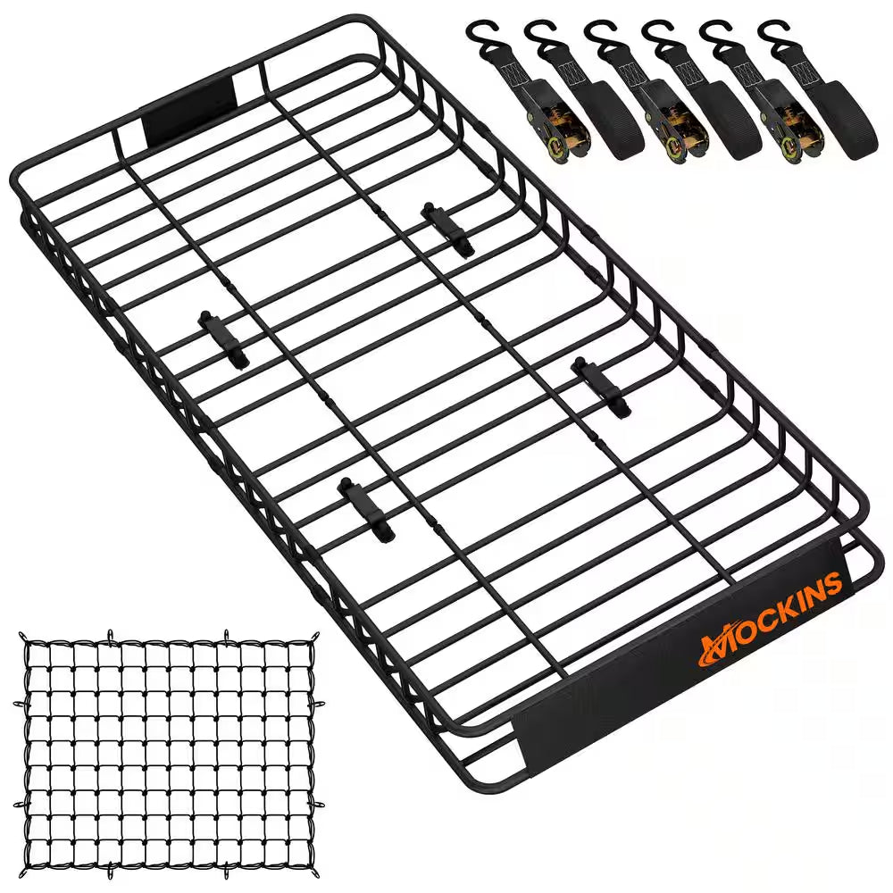 84 In. X 39 In. X 6 In. Rooftop Cargo Carrier with Cargo Net and Ratchet Straps, 250 Lbs. Cap Roof Luggage Basket