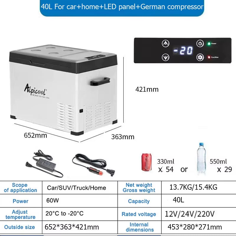 40L Alpicool Car Refrigerator 12V/24V Compressor Refrigerator 220V Car Home Fridge Portable Outdoor Freezer Camping Fridge