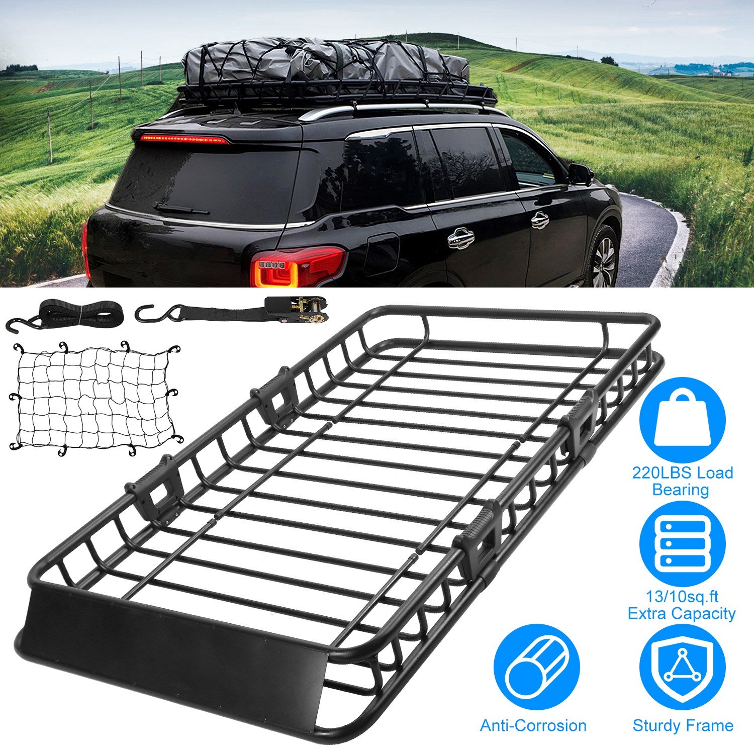 1Pc 63X39X6.3In Universal Roof Rack Cargo Carrier Car Top Luggage Holder Basket with Hook Strap Elastic Net