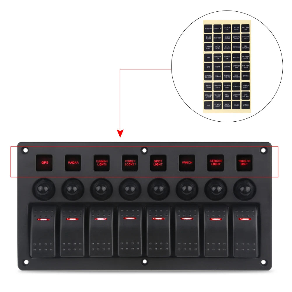 8 Gang Marine Boat Rocker Switch Panel with Circuit Breakers LED Switch Panel 12V 24V for Boat RV Camper Truck Accessories