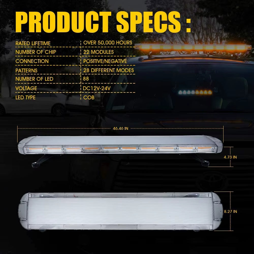 47 Inch COB LED Amber Rooftop Emergency Strobe Lights Bar W/Adjustable Mounting Brackets Hazard Warning Flashing Lighting