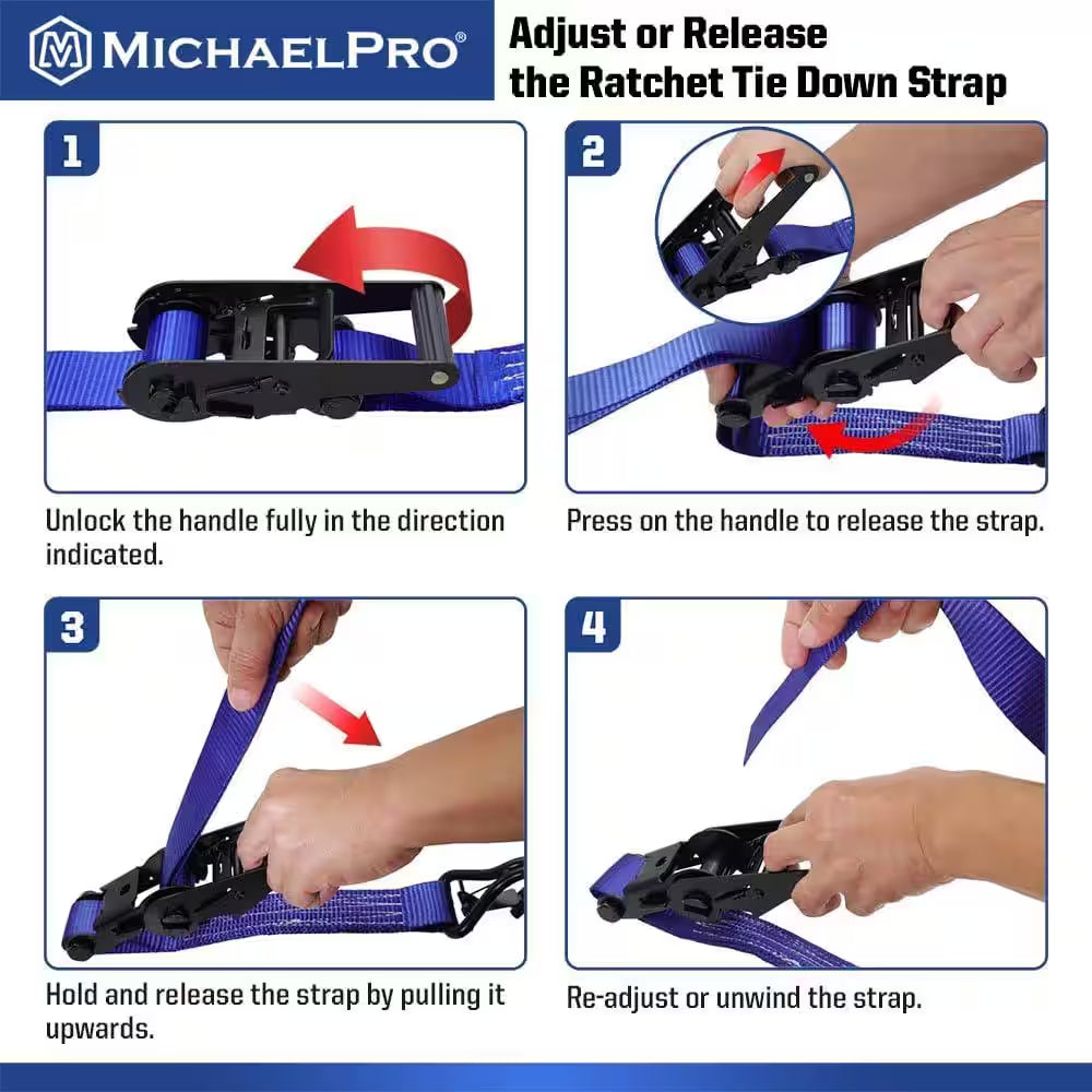 4 Pack 1.5" X 15' Ratchet Tie down Straps with J-Hook Safety Latches