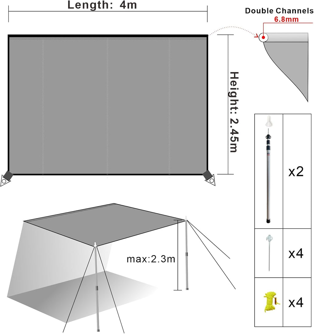 Toldo Para Caravana Con Ribete, Para Camping, 3000 Mm, Resistente Al Agua Y a Los Rayos UV, Adecuado Para Suvs, Furgonetas Y Caravanas, 4 M X 2,45 M