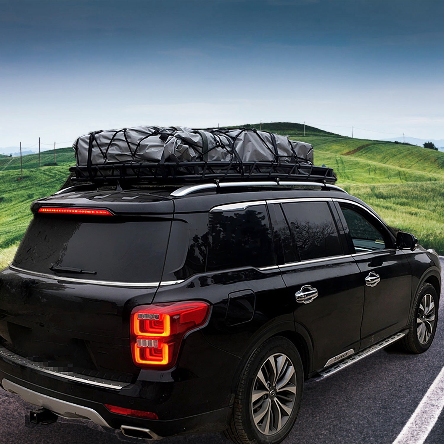 1Pc 63X39X6.3In Universal Roof Rack Cargo Carrier Car Top Luggage Holder Basket with Hook Strap Elastic Net