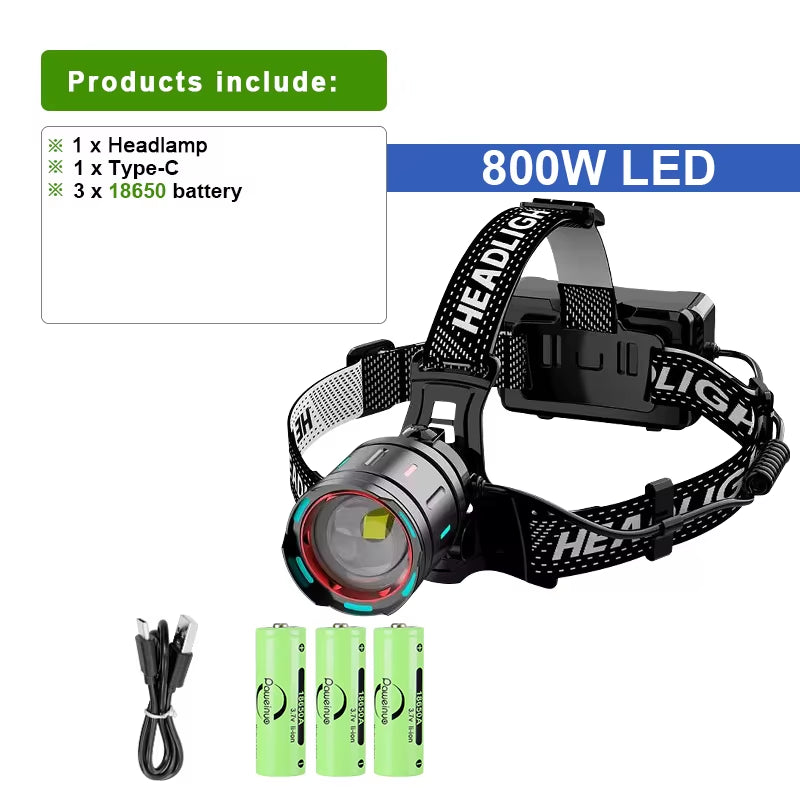 9900LM Super Powerful Headlamp 800W LED IR Sensor Headlight Rechargeable Head Flashlight 3500 Meter Head Lamp Fishing Lantern
