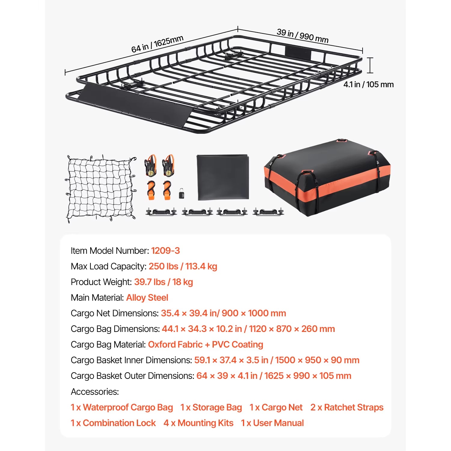 Roof Rack Basket 64X39X4.1" Universal Rooftop Cargo Carrier Anti-Rust Alloy Steel Car Top Luggage Holder for SUV Truck