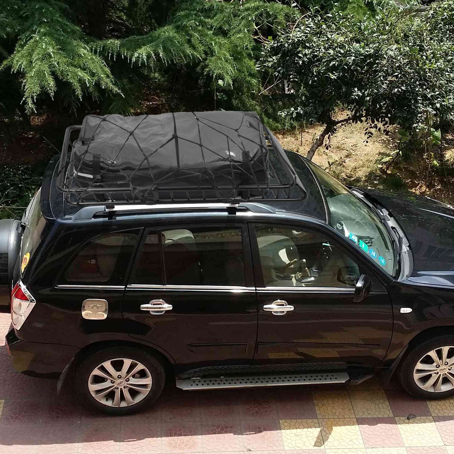 1Pc 63X39X6.3In Universal Roof Rack Cargo Carrier Car Top Luggage Holder Basket with Hook Strap Elastic Net