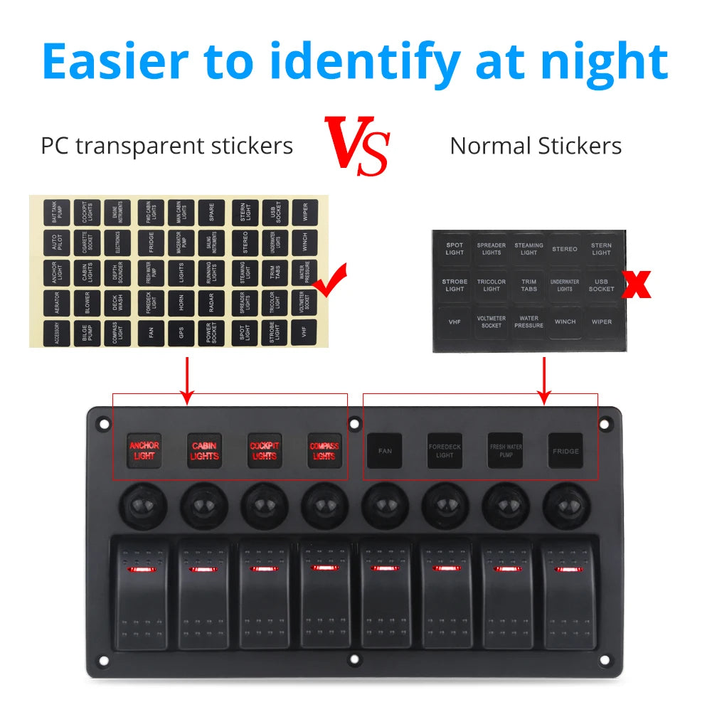 8 Gang Marine Boat Rocker Switch Panel with Circuit Breakers LED Switch Panel 12V 24V for Boat RV Camper Truck Accessories