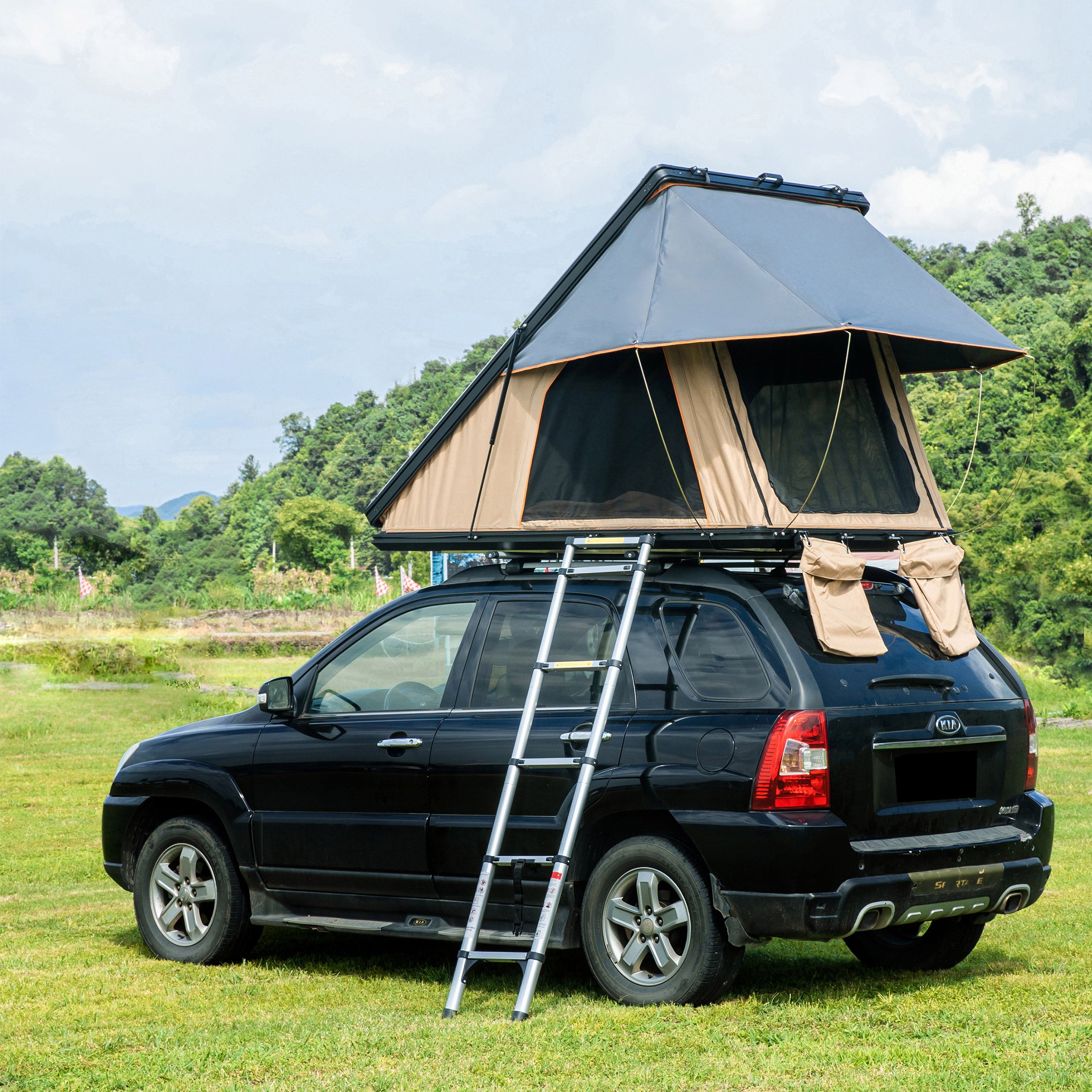 Trustmade Scout Max Black Hard Shell Beige Rooftop Tent with Roof Rack