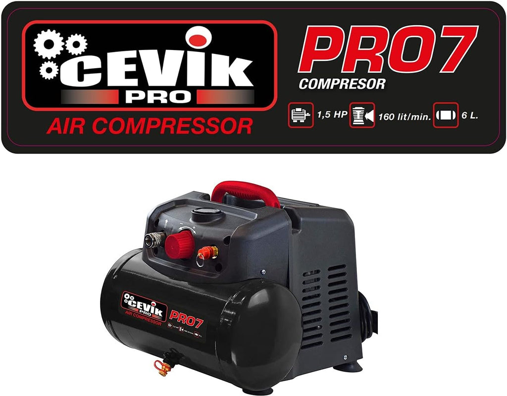 CEVIK PRO - CA-PRO7N - Compresor Aire Portatil Monoblock - 75 Db - 6 Litros - 1.5HP - Máx 8 Bar - 160 L/Min - Sin Aceite - Compacto Y Portátil - Compresor De Pintura Y Neumática