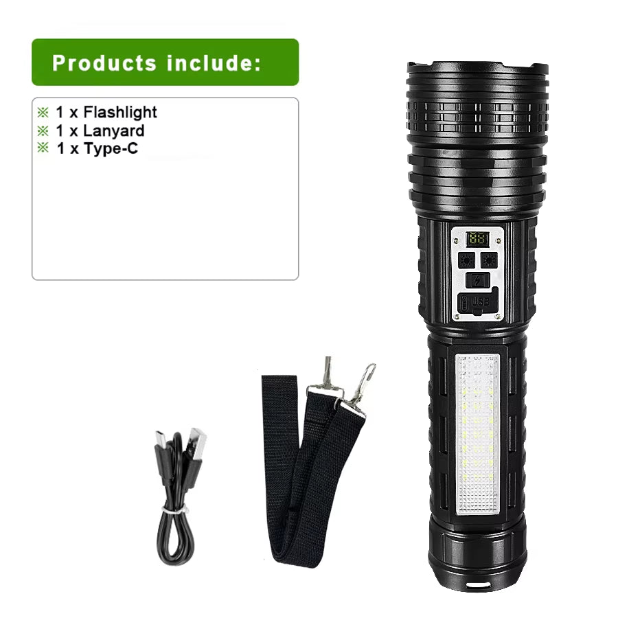 Powerful Flashlight with 7 Lamp Beads Super Tactical Light with COB Side Light Camping Lantern USB Rechargeable Outdoor Torch
