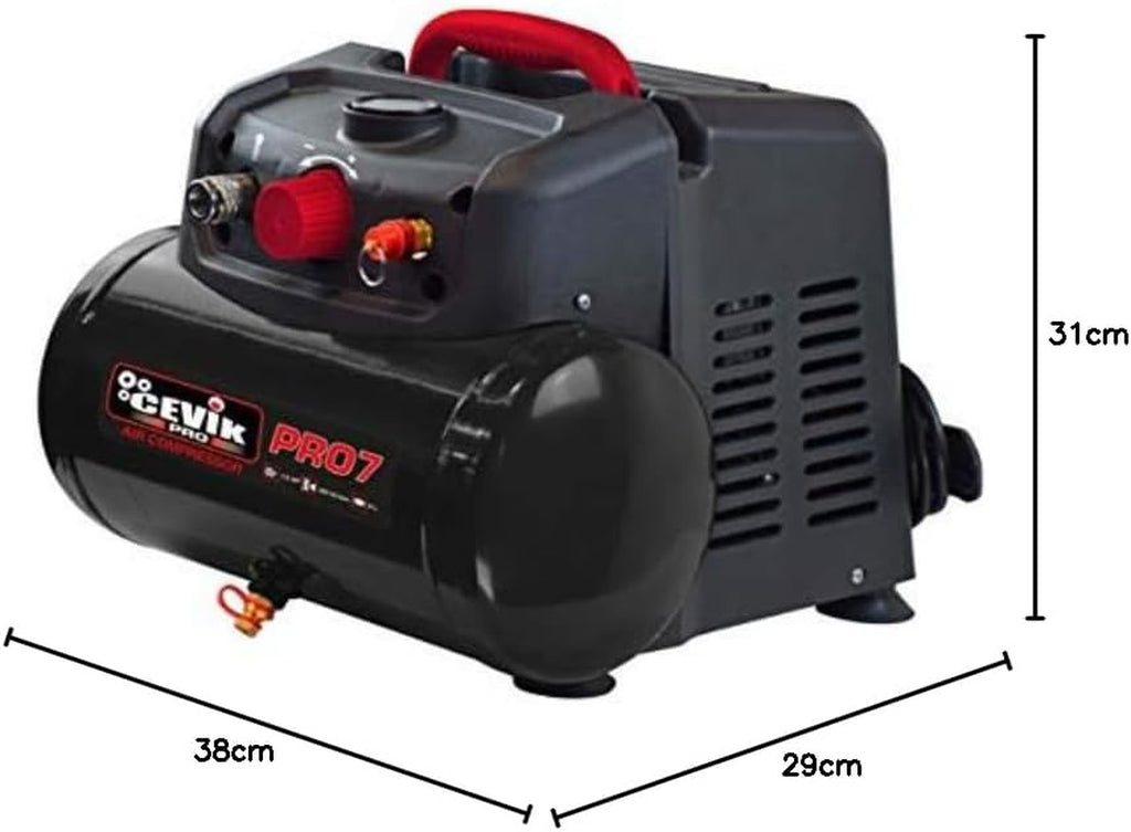 CEVIK PRO - CA-PRO7N - Compresor Aire Portatil Monoblock - 75 Db - 6 Litros - 1.5HP - Máx 8 Bar - 160 L/Min - Sin Aceite - Compacto Y Portátil - Compresor De Pintura Y Neumática