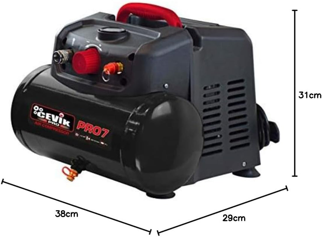 CEVIK PRO - CA-PRO7N - Compresor Aire Portatil Monoblock - 75 Db - 6 Litros - 1.5HP - Máx 8 Bar - 160 L/Min - Sin Aceite - Compacto Y Portátil - Compresor De Pintura Y Neumática