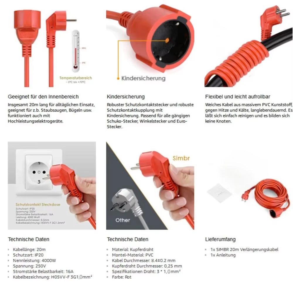 Power Strip Extension Cord 5/10M Cable 16A EU Outlets 4000W Electric Schuko Red Indoor Outdoor Plug Sockets Engineering