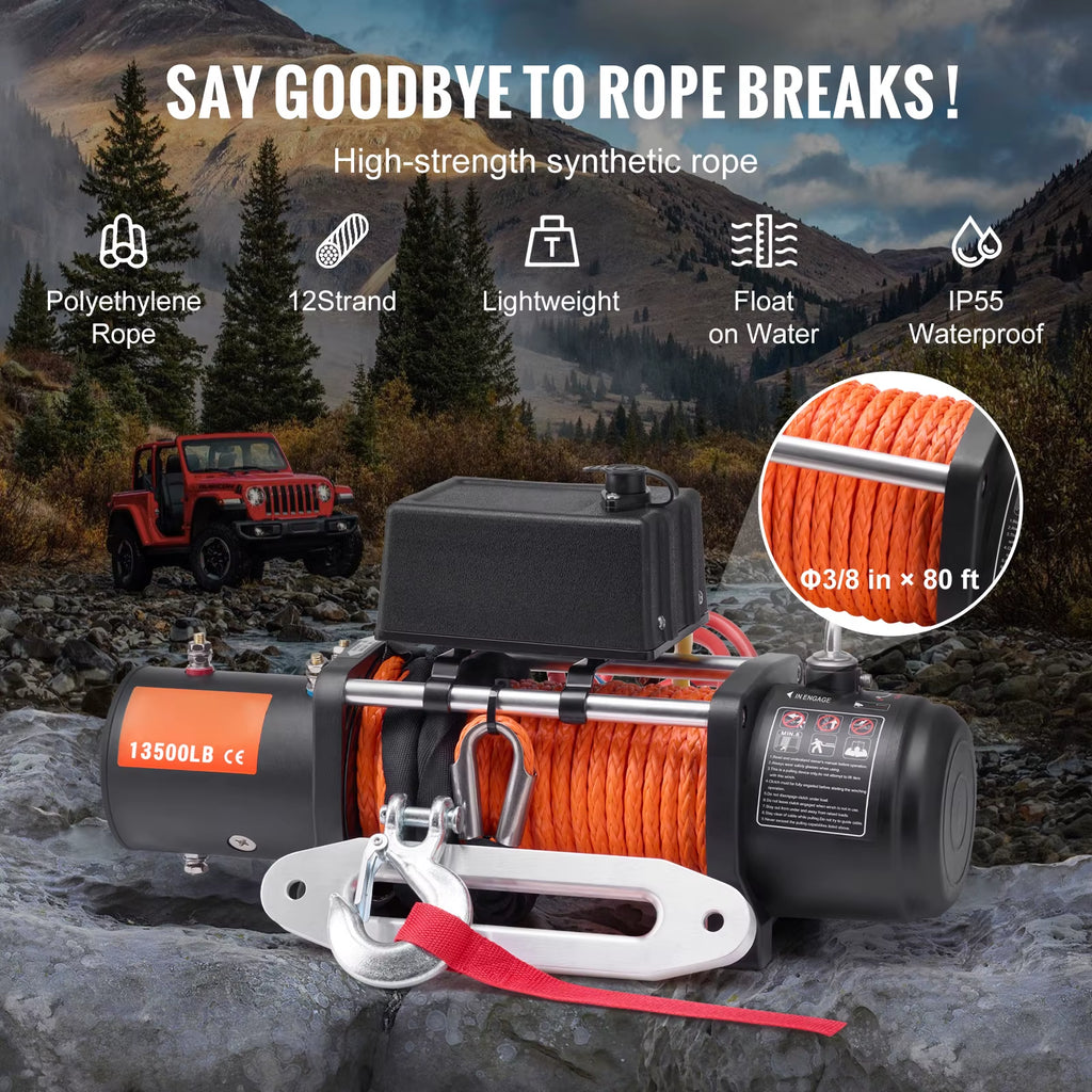 13500Lbs Electric Winch Car Truck Winch with 80Ft Synthetic Rope Wireless & Wired Remote Control for Towing Off-Road