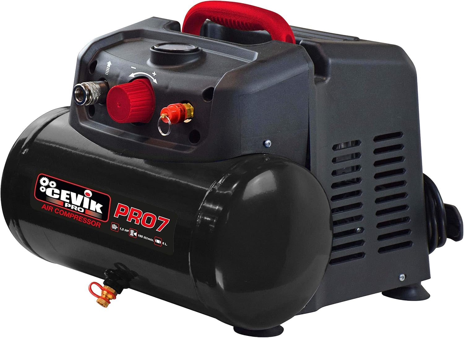 CEVIK PRO - CA-PRO7N - Compresor Aire Portatil Monoblock - 75 Db - 6 Litros - 1.5HP - Máx 8 Bar - 160 L/Min - Sin Aceite - Compacto Y Portátil - Compresor De Pintura Y Neumática
