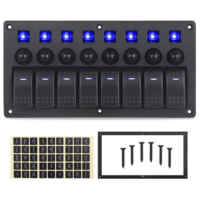 8 Gang Marine Boat Rocker Switch Panel with Circuit Breakers LED Switch Panel 12V 24V for Boat RV Camper Truck Accessories