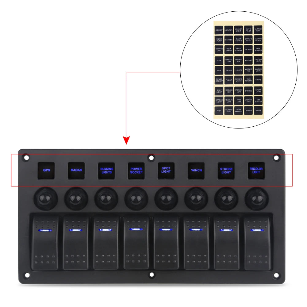 8 Gang Marine Boat Rocker Switch Panel with Circuit Breakers LED Switch Panel 12V 24V for Boat RV Camper Truck Accessories