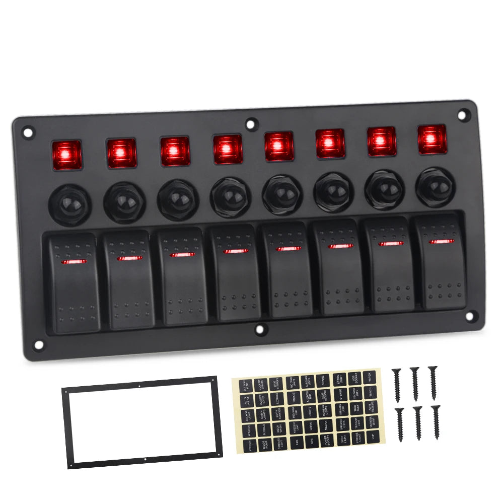 8 Gang Marine Boat Rocker Switch Panel with Circuit Breakers LED Switch Panel 12V 24V for Boat RV Camper Truck Accessories