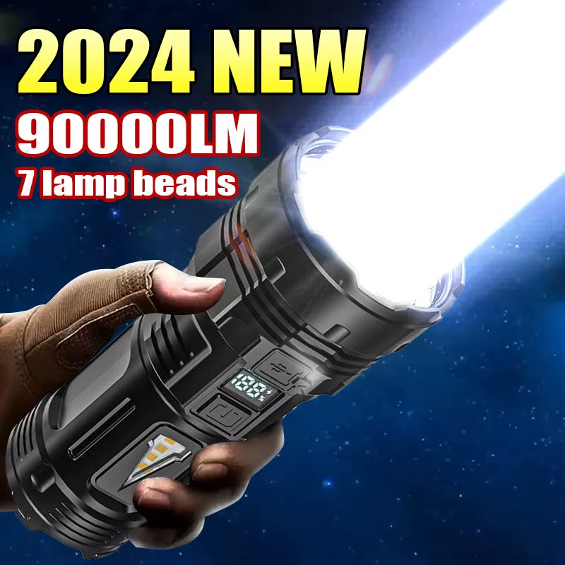 Powerful Flashlight with 7 Lamp Beads Super Tactical Light with COB Side Light Camping Lantern USB Rechargeable Outdoor Torch