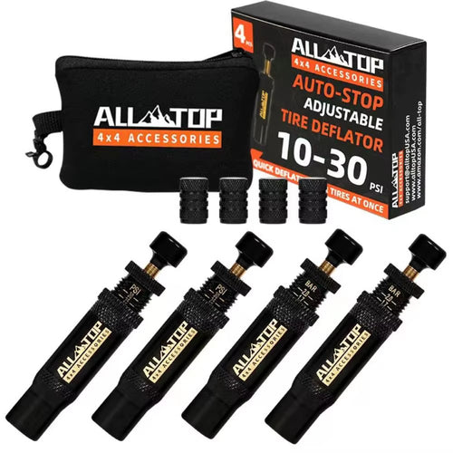 (10-30 PSI) 4 PCS Adjustable Auto-Stop Tire Deflator Valve Kit 4X4 Screw-On Tyre Air down Tool for Vehicles Motorcycle Offroad
