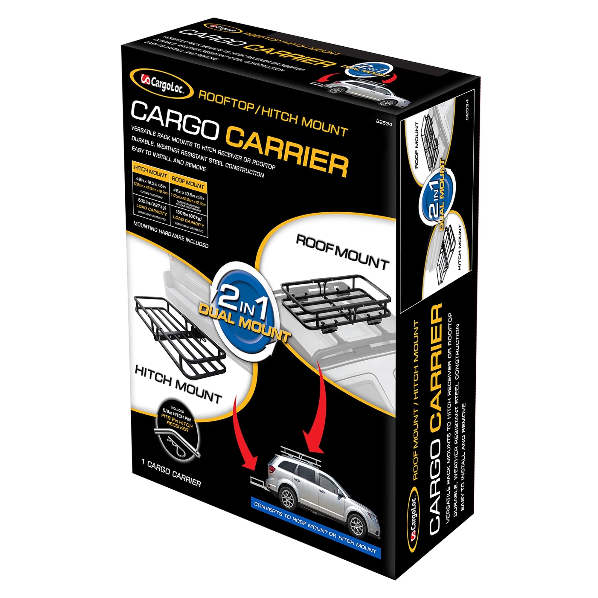 2 in 1 Cargo Carrier, Attaches to Hitch or Roof Racks