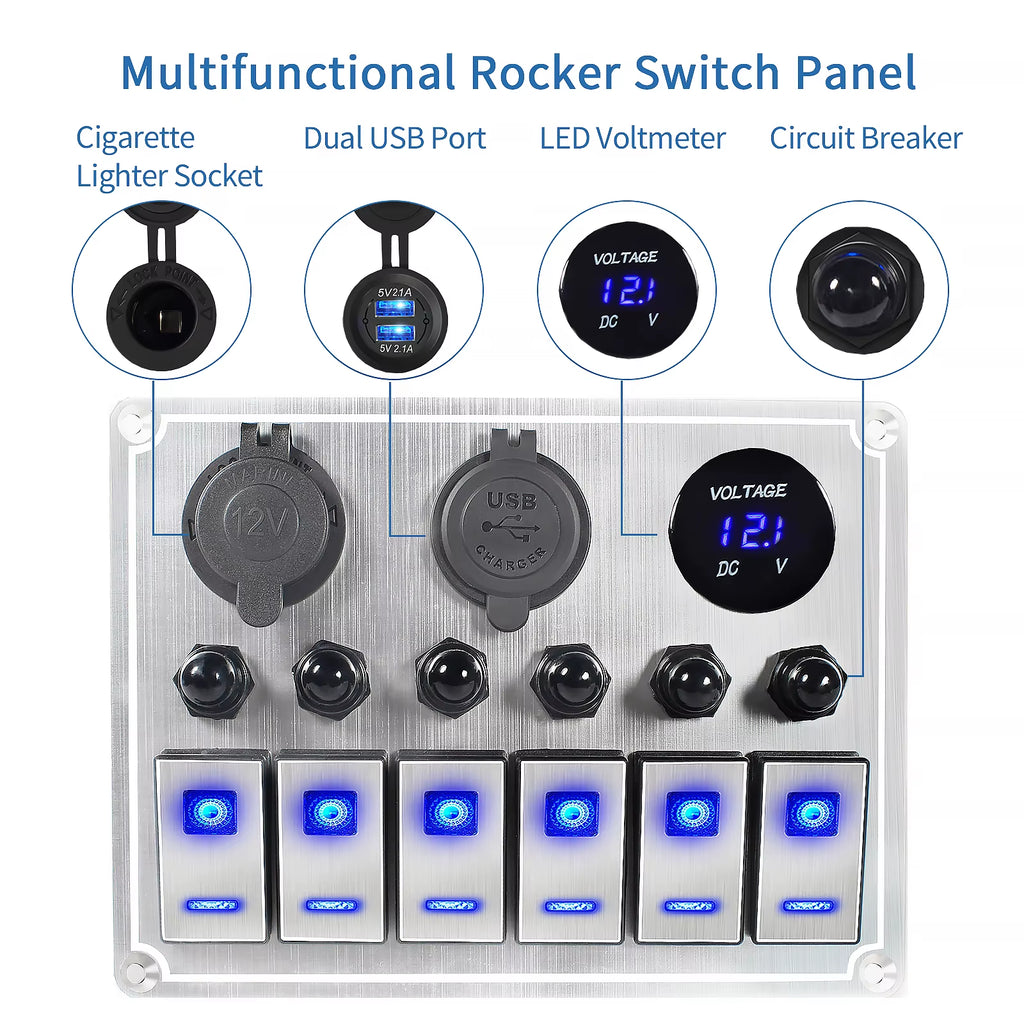 New 12V Metal 4/6 Group Button Rocker Toggle Switch Panel USB Control for Car Truck Boat Boat Camper Circuit Breaker