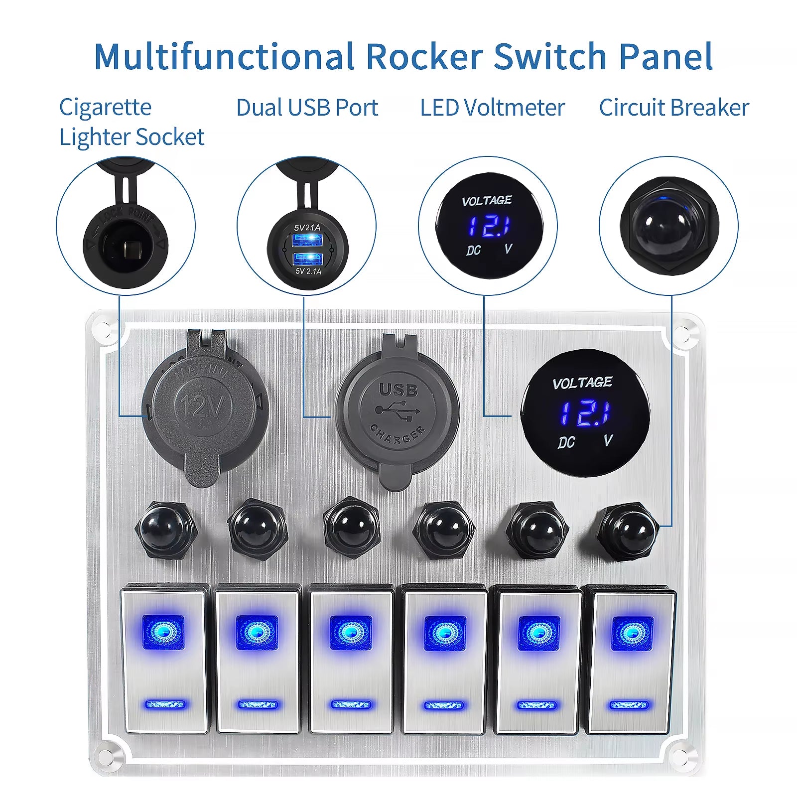 New 12V Metal 4/6 Group Button Rocker Toggle Switch Panel USB Control for Car Truck Boat Boat Camper Circuit Breaker