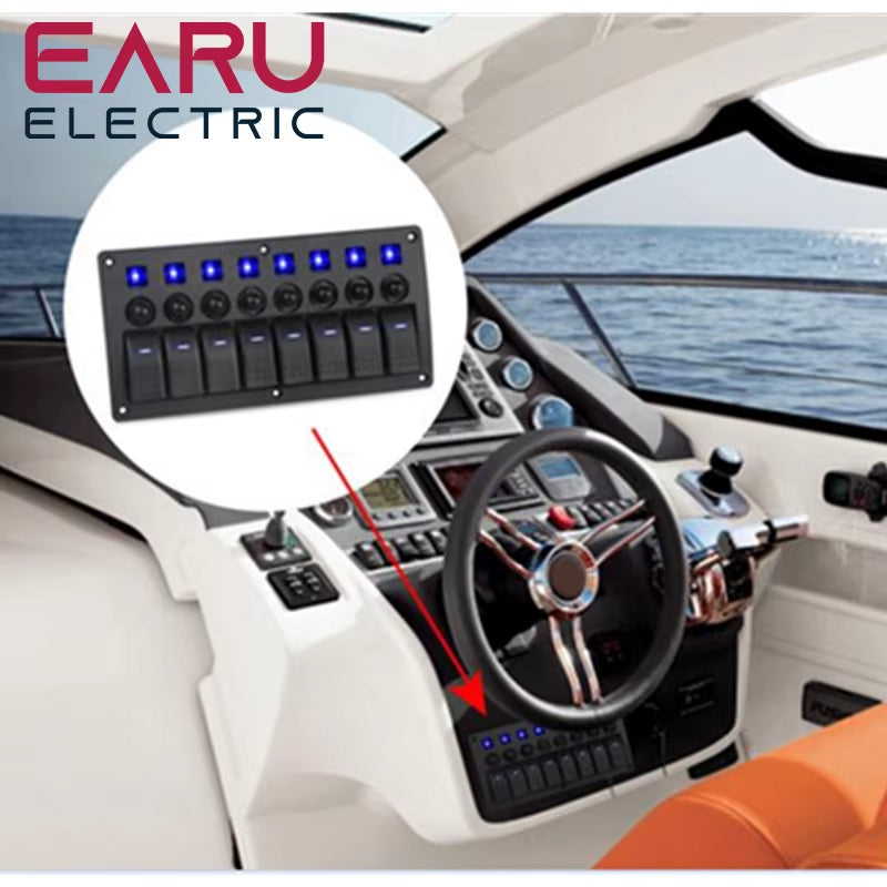 8 Gang Marine Boat Rocker Switch Panel with Circuit Breakers LED Switch Panel 12V 24V for Boat RV Camper Truck Accessories