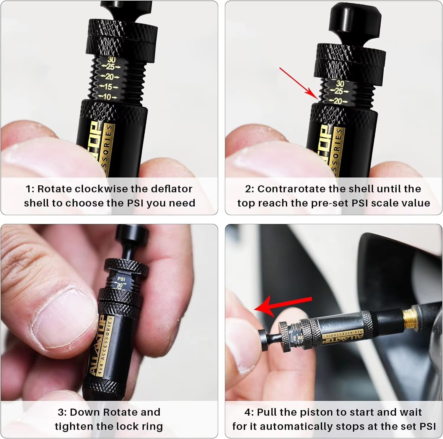 (10-30 PSI) 4 PCS Adjustable Auto-Stop Tire Deflator Valve Kit 4X4 Screw-On Tyre Air down Tool for Vehicles Motorcycle Offroad