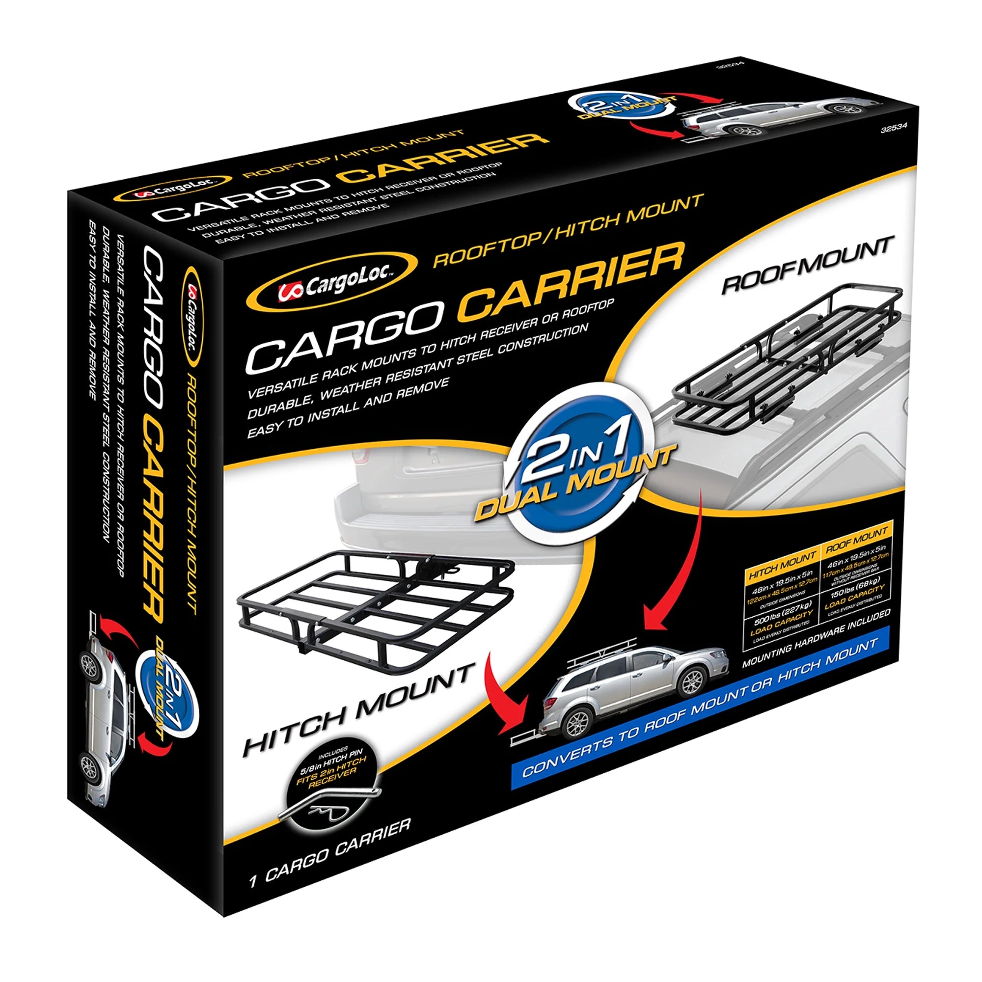 2 in 1 Cargo Carrier, Attaches to Hitch or Roof Racks
